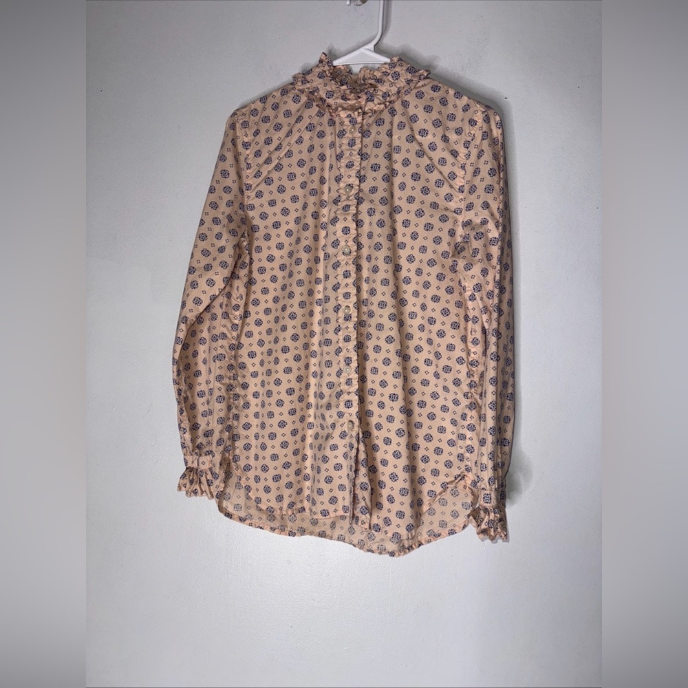 J Crew‎ Classic Fit Ruffle Neck Button Shirt Medallion Print Pink Blue Size 4